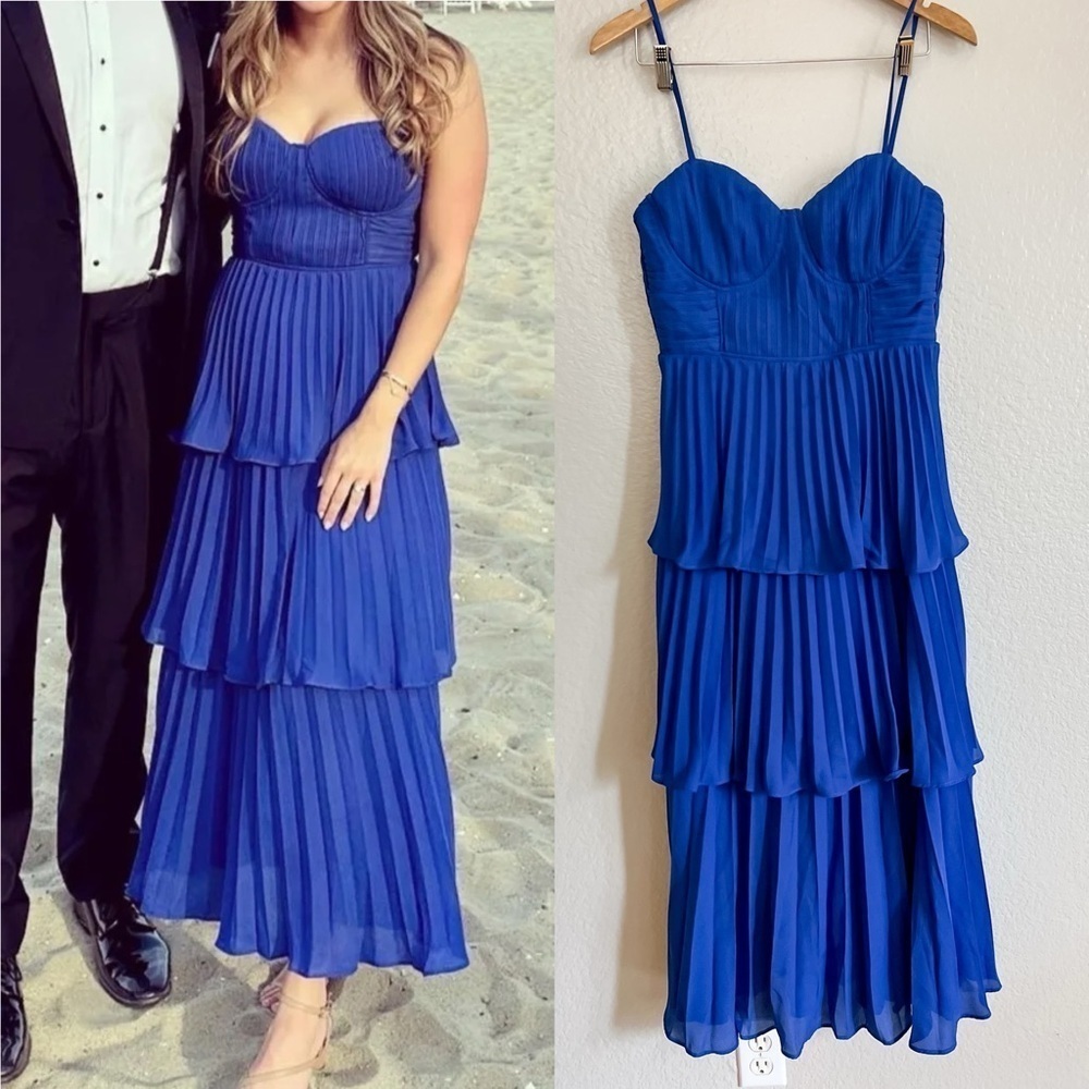 Cascading Crush Cobalt Blue Tiered Bustier Midi Dress